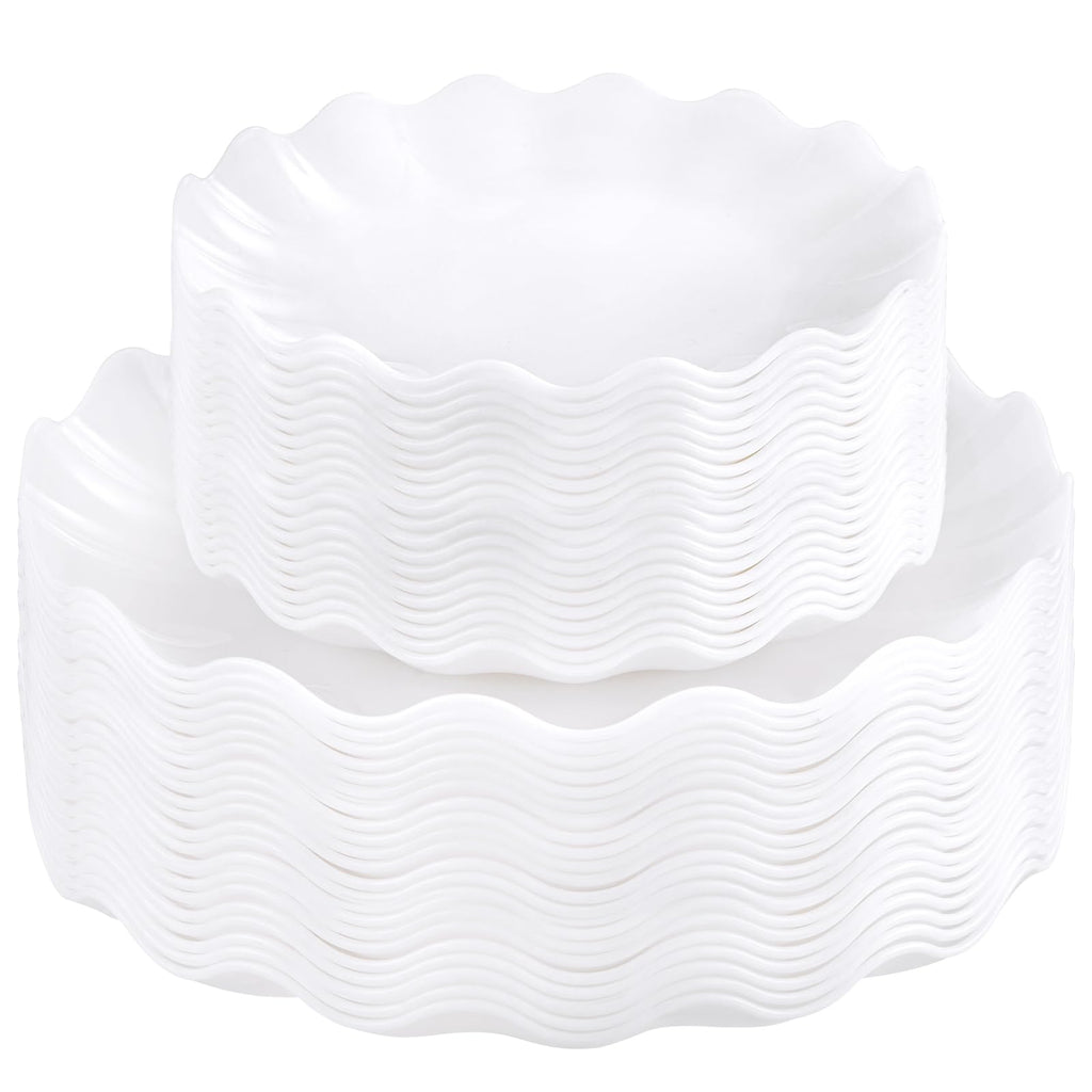 LIYH 50 Pcs White Scalloped Plastic Plates Reusable - Unbreakable Plastic Plates for Weddings Party Outdoor Picnics Dishwasher Safe BPA Free(25Guests)