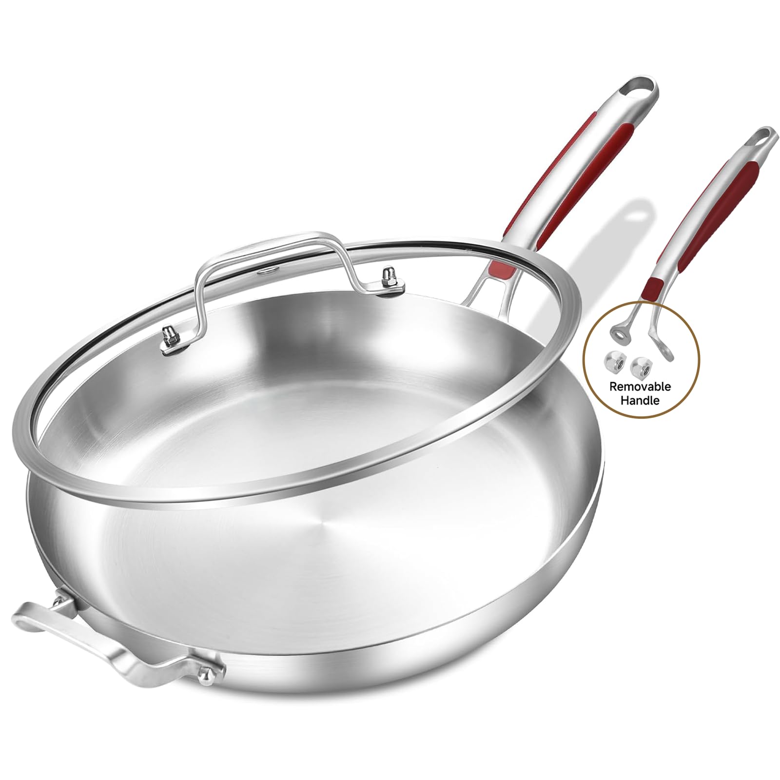 Inqibee 13 Inch Stainless Steel Frying Pan with Lid, Detachable Handle
