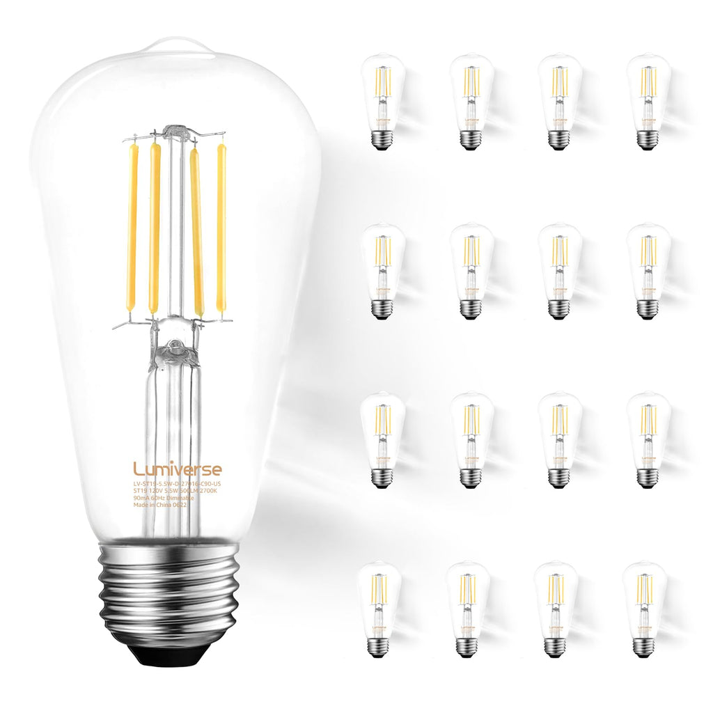 16 Pack ST19 Dimmable LED Edison Bulb, 5.5W (60W Equivalent), 500LM, CRI 95+, 2700K Soft White, E26 Medium Base, Vintage Filament, Clear Glass, Standard Type A Lamp, for Kitchen, Bathroom, Bedroom