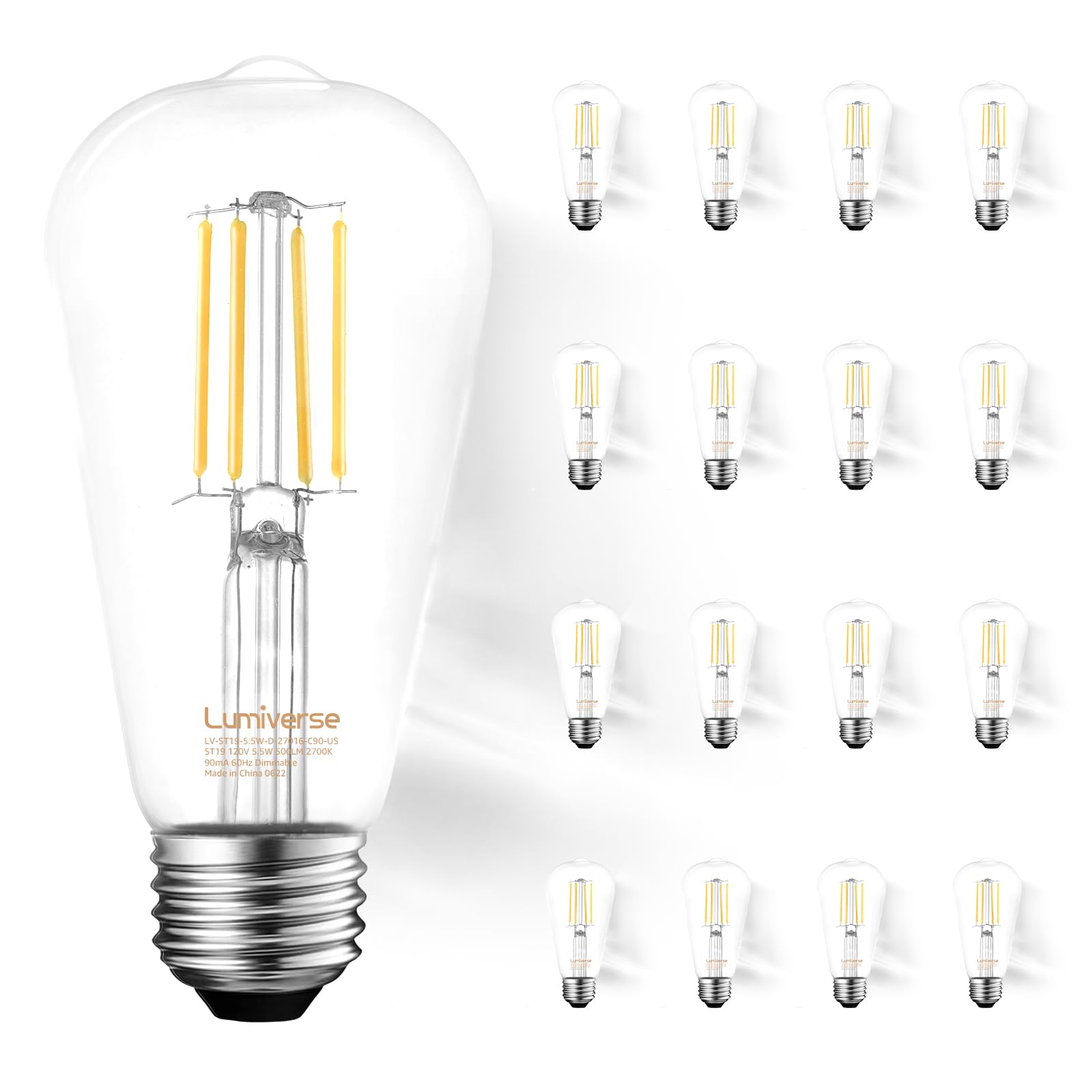 16 Pack ST19 Dimmable LED Edison Bulb, 5.5W (60W Equivalent), 500LM, CRI 95+, 2700K Soft White, E26 Medium Base, Vintage Filament, Clear Glass, Standard Type A Lamp, for Kitchen, Bathroom, Bedroom
