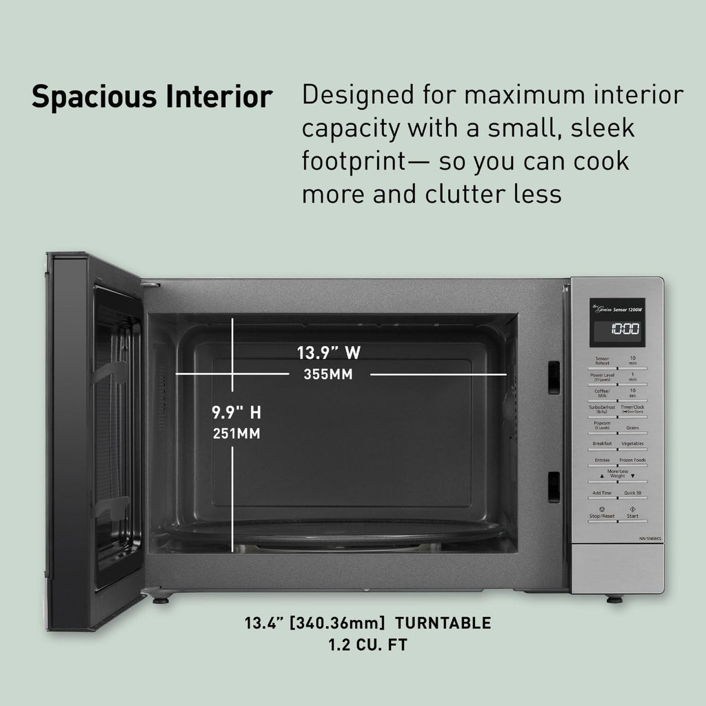 Panasonic NN-SN68KS Compact Microwave Oven with 1200W Power, Sensor Cooking, Popcorn Button, Quick 30Sec & Turbo Defrost, 1.2 cu.ft, Stainless Steel