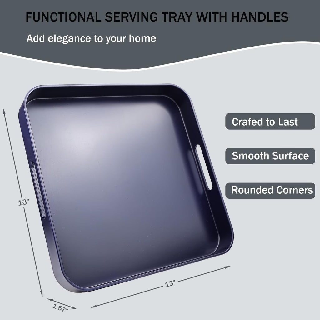 SforGUVA Square Navy Blue Decorative Serving Tray with Handles, Versatile Ottoman Tray for Coffee Table, Entertaining, Outdoor Patio, Living Room, 13”*13”*1.6”