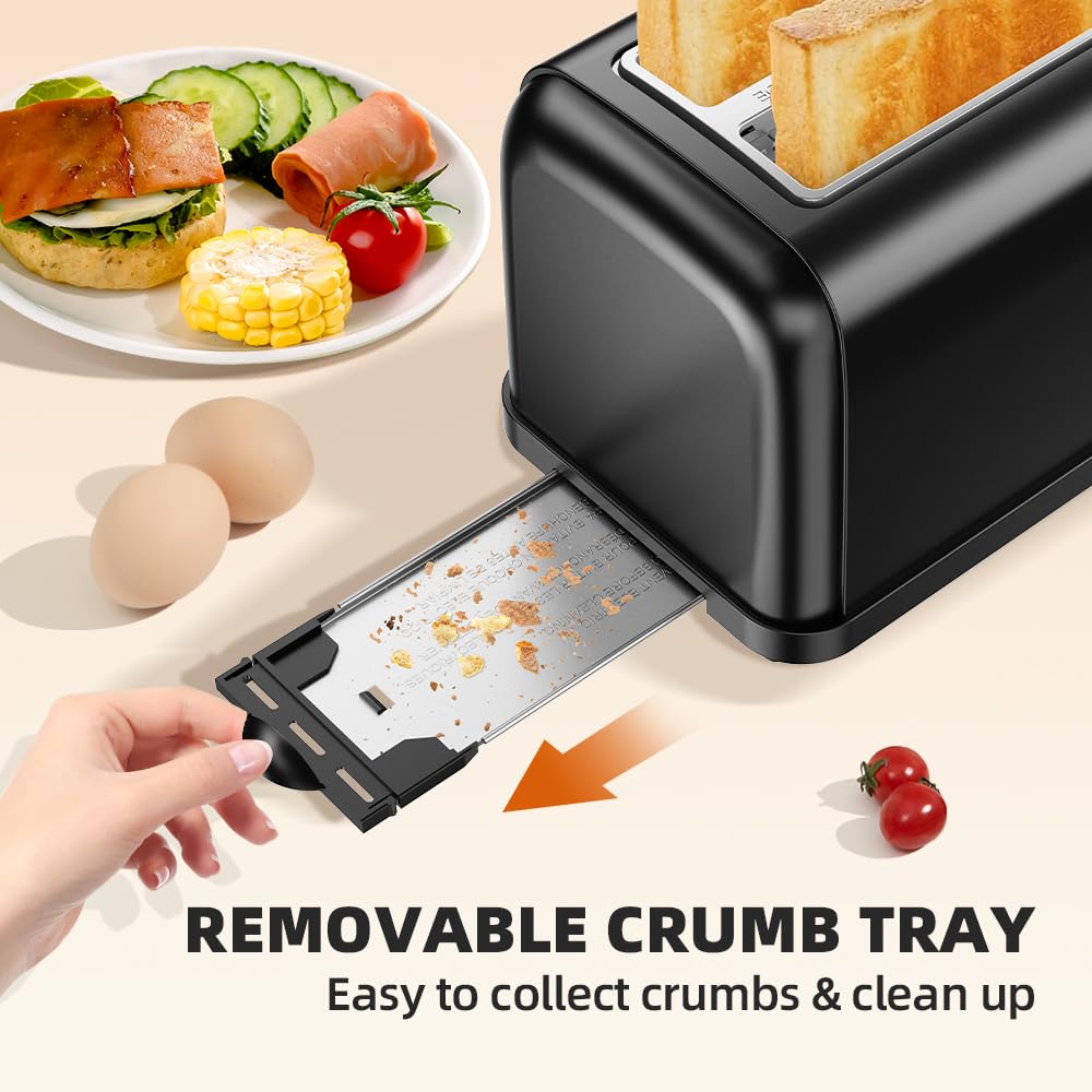 RAMJOY Black Toaster 2 Slice, Extra Wide Slot Toaster for Bagels, Bread, Waffles, 7 Shade Settings, 4 Main Functions, Removable Crumb Tray, 900 Watts Toasters, Black Stainless Steel