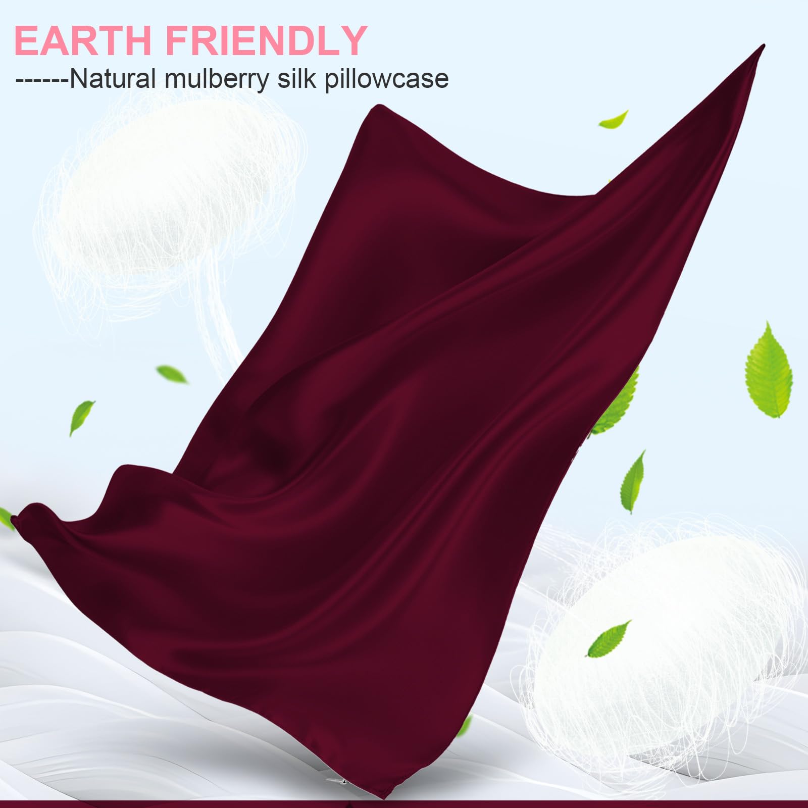Silk Pillow Cases 2 Pack Standard Size with Hidden Zipper, Mulberry Silk Pillowcase for Hair and Skin, Smooth and Soft Breathable Cooling Silk Satin Pillowcase Set of 2, Gifts for Women，Burgundy Red