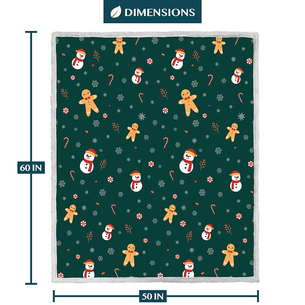 PAVILIA Green Christmas Sherpa Throw Blanket, Gingerbread Snowman Holiday Pattern, Soft Reversible Fleece & Sherpa 50x60 Winter Blanket for Couch & Bed, Cozy Christmas Decor