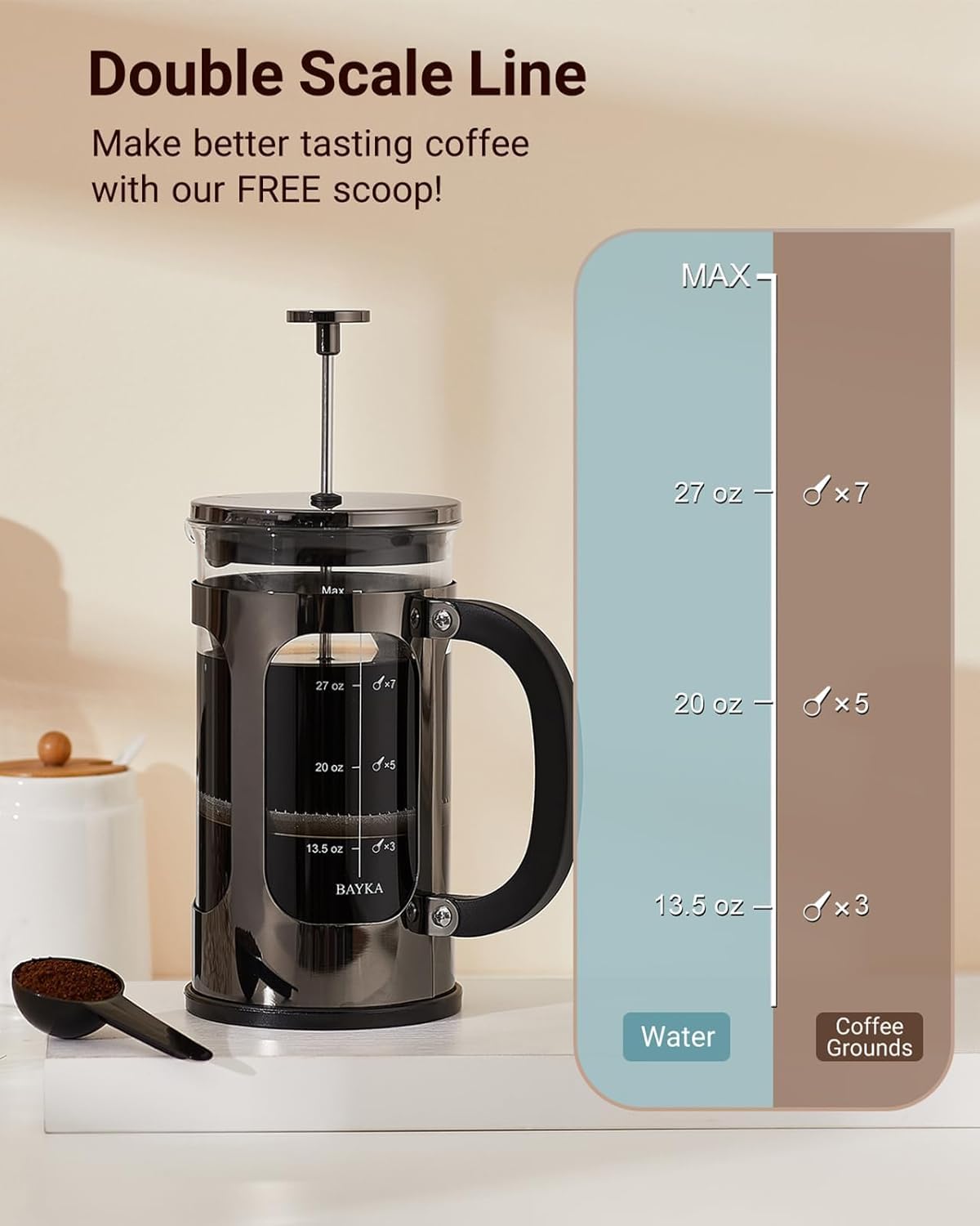 BAYKA French Press Coffee Maker, Easy to use,Large 304 Stainless Steel Coffee Press, Cold Brew Heat Resistant Thickened Borosilicate Coffee Pot for Camping Travel Gifts, 34 Ounce, Dark Pewter