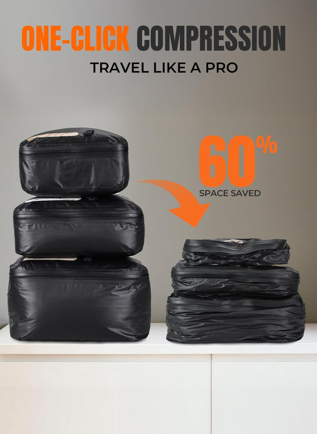 POIXM Vacuum Bags for Travel with Wireless Pump, 180° Open Zipper, IP67 Waterproof, Reusable Space Saver Compression Bags for Backpack, Suitcase, Home Storage(1 Pack + Pump)