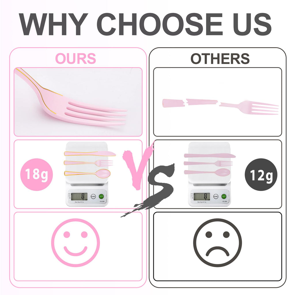 WDF 180 Pieces Pink Plastic Silverware with Gold -Pink Plastic Utensils Set - 60 Guest Cutlery Disposable for Birthday Party Baby Shower Wedding Spring