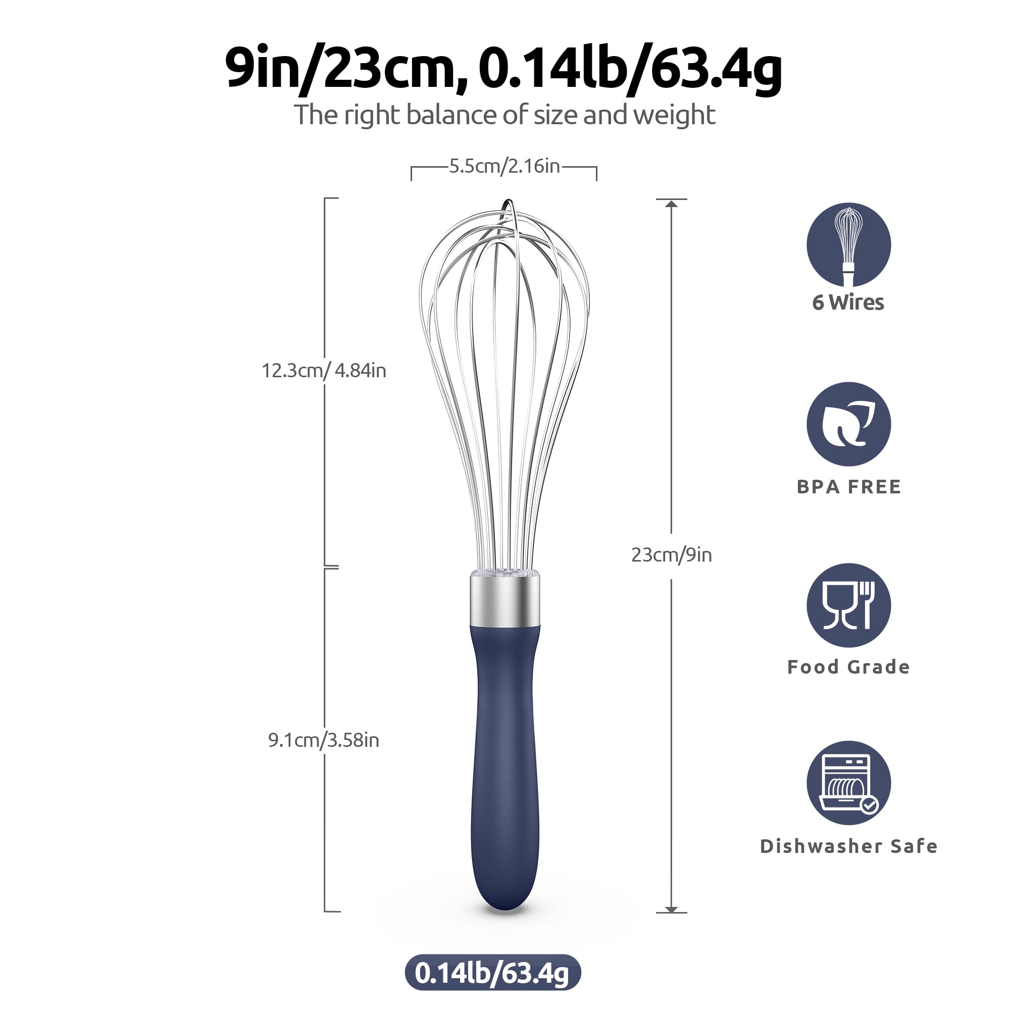 U-Taste Wire Whisk for Cooking, 18/10 Stainless Steel Wisk, S/Midnight Blue