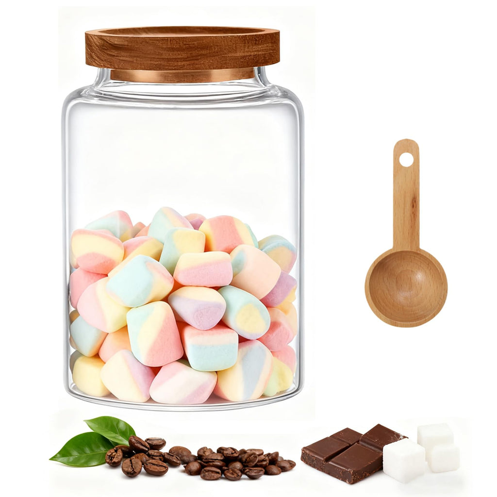 OULOVECO Glass Storage Jar with Lids Thicken Glass Coffee Canister Borosilicate Glass Food Containers for Spice Ground Nut Pasta Sugar Candy Tea (1200ml/40oz-1pack-with spoon)