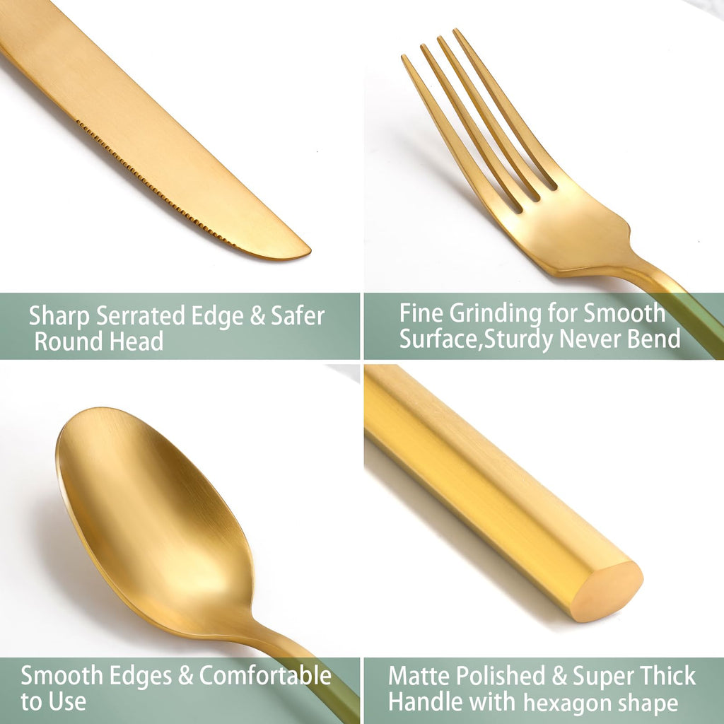 DEACORY Gold Silverware Set Matte Finish Hexagon Handle Service for 8