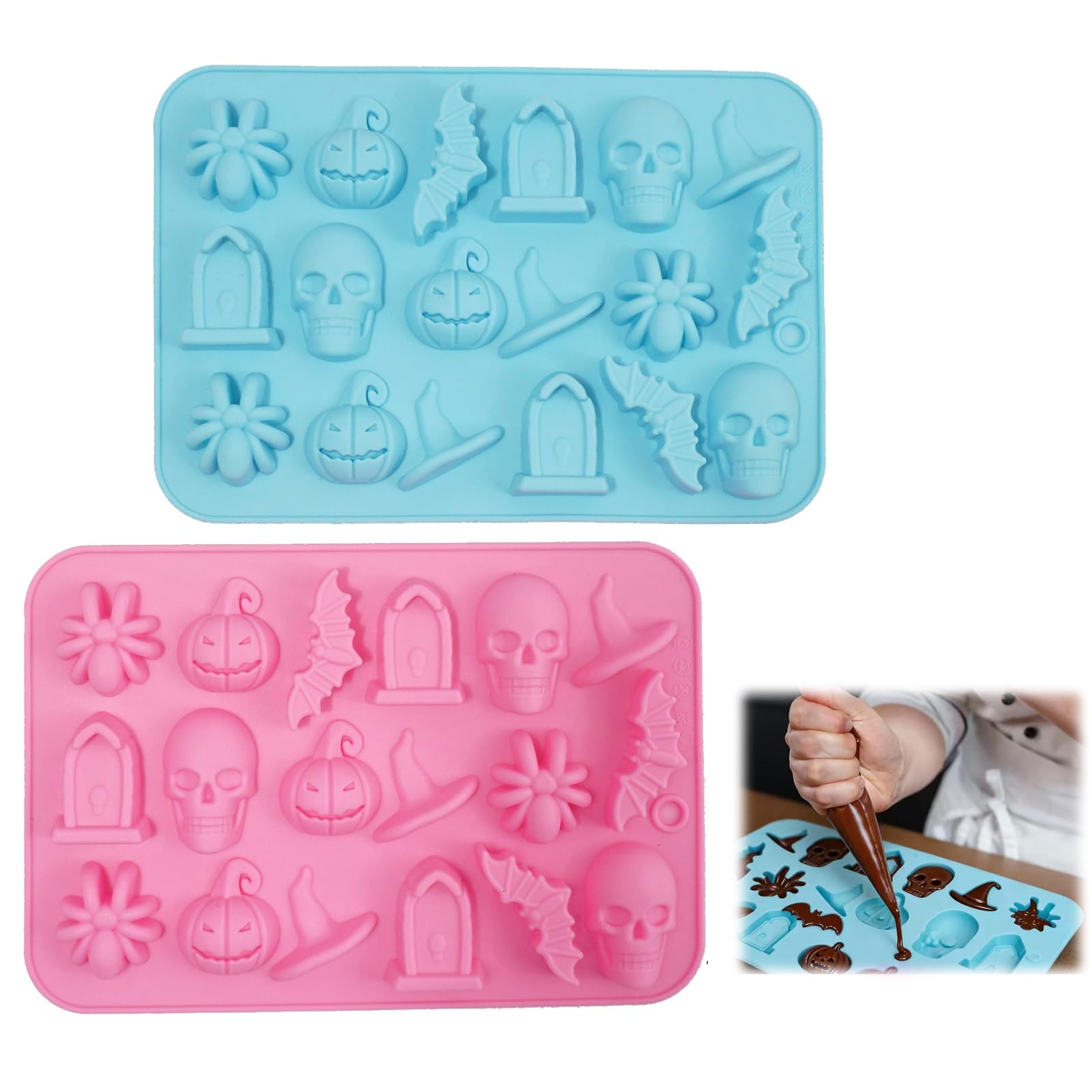 2 Pack Chocolate Molds, Cute Characters Silicone Molds, Chocolate Cake Molds, for Making Chocolate, Candy, Gummy, Jello, Ice, Wax Melts, for Party, A Spooky - Themed Gift, Baking (Halloween Themed)