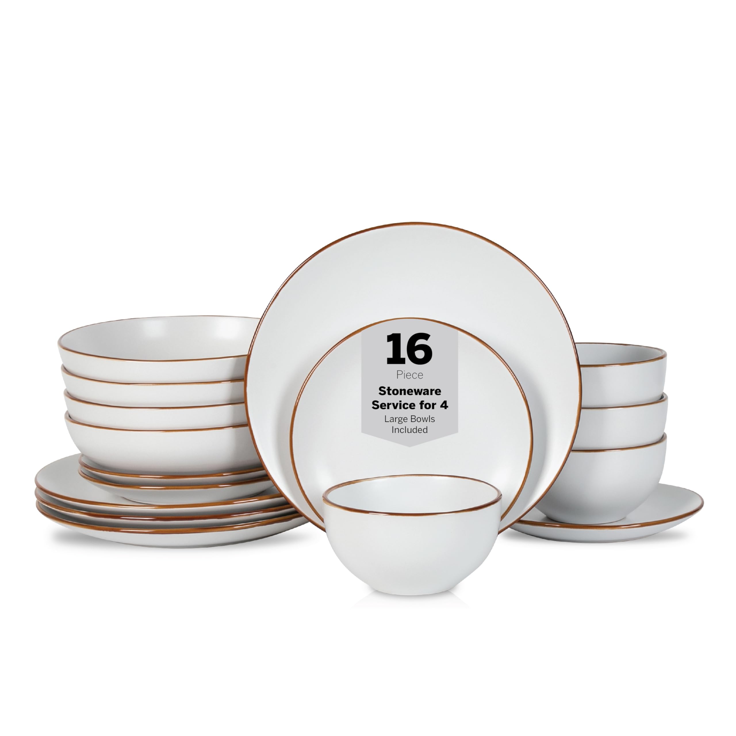 Stone Lain Brasa Stoneware 16 Piece Modern Dinnerware Sets, Plates and Bowls Service for 4, White, Microwave & Dishwasher Safe