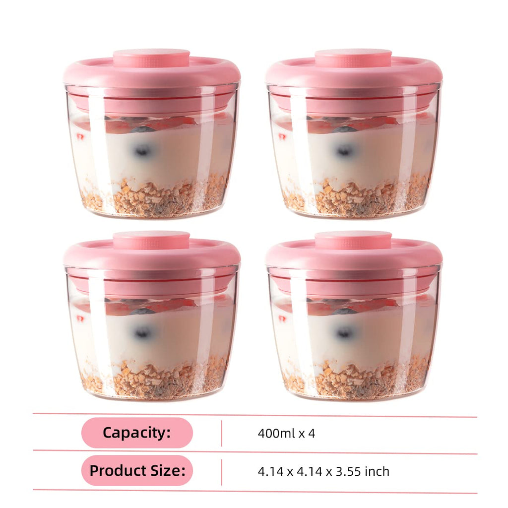 Ankou 400ml Meal Prep Container Set of 4 Pink Tritan Plastic Food Storage Containers with Lids, Airtight Leakproof Pop Top Lid Bowl for Breakfast Leftovers