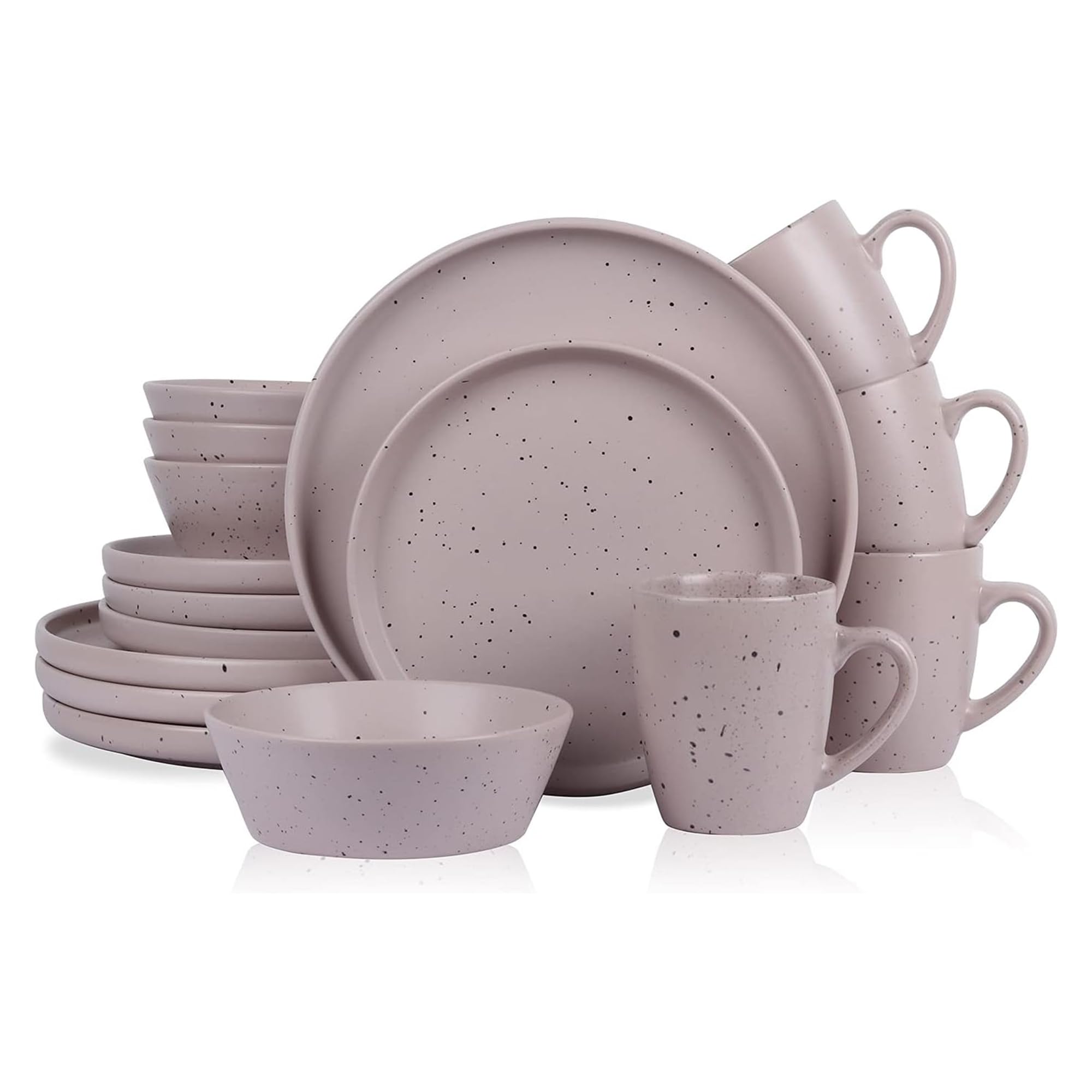 Stone Lain Jade Stoneware 16 Piece Dinnerware Set, Home Kitchen Dish Set with Dinner Plates, Salad Plates, Bowls, & Mugs - Service for 4, Taupe