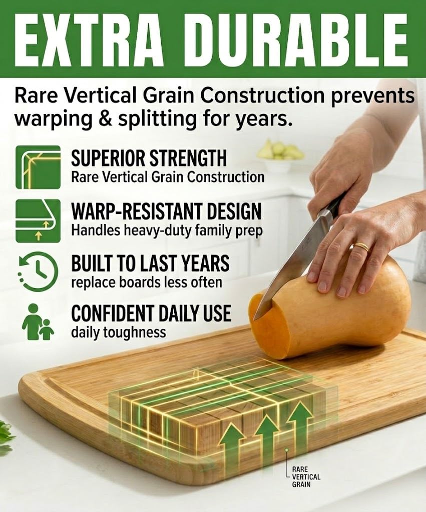 INDESTRUCTIBLE Bamboo Cutting Board (Extra Large) with Vertical Grain Strength Technology - Non Toxic, Spacious and Lightweight 18" XL Chopping Board Gift - Replacements for Life