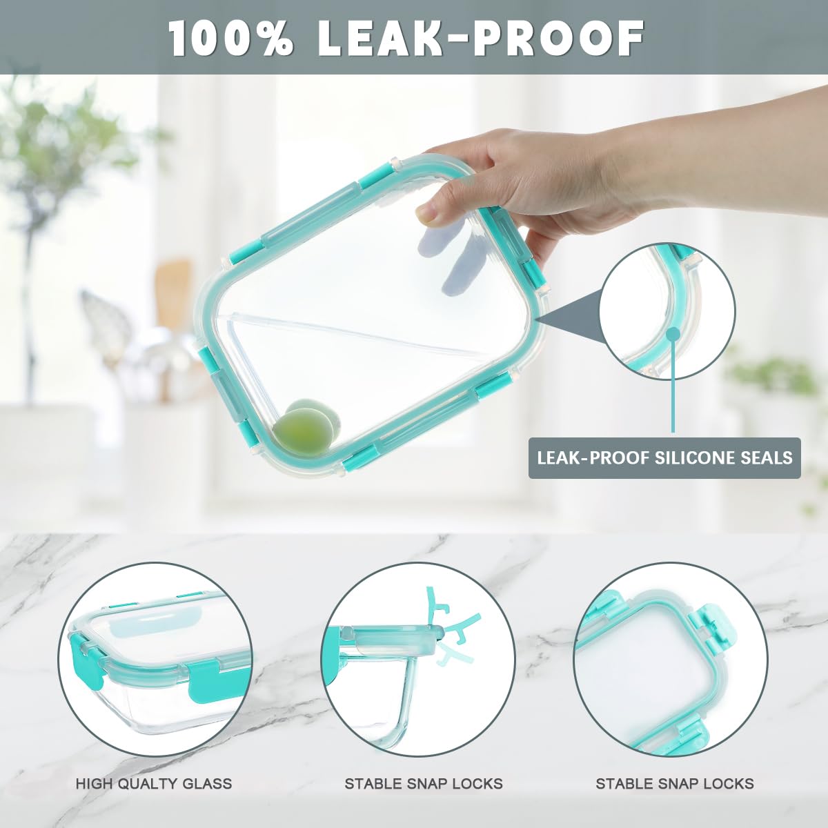 KAMOTA 10 Pack Airtight Glass Meal Prep Containers with Snap-Lock Lids