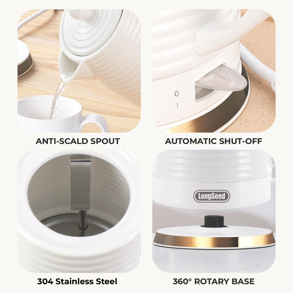 LONGSEED 1000W Ceramic Electric Kettle with 4 Mugs & Infuser, 1.2L Rapid Boil, Ideal Gift for Housewarming, Wedding, Tea Lovers, Auto Shut-Off, Boil-Dry Protection
