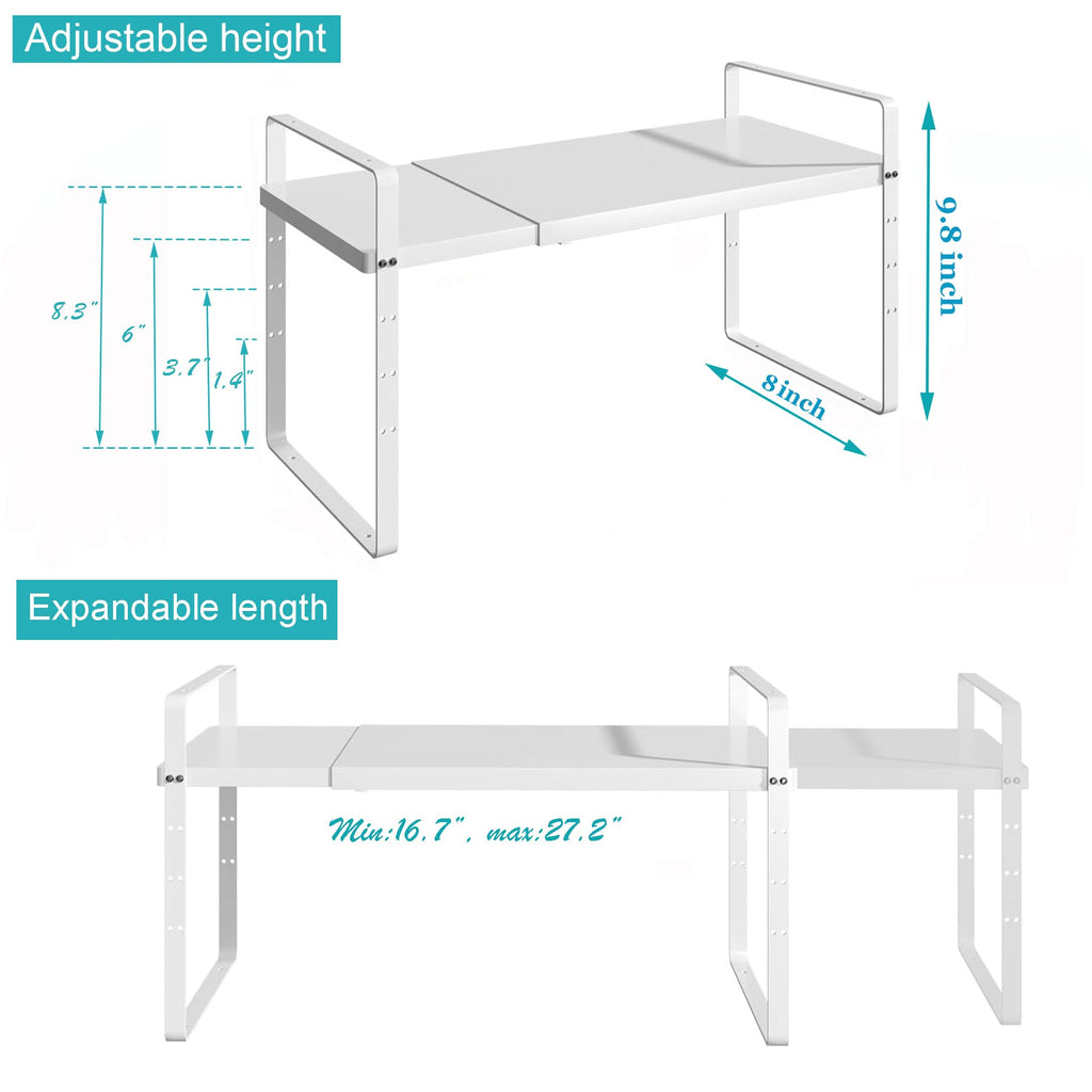 iPEGTOP Expandable Cabinet Storage Shelf Organizer Rack, Heavy Duty Cupboard Stand Spice Rack Adjustable Height Garage Pantry Shelf Space Riser for Counter Kitchen Organization, White, 2 Pack