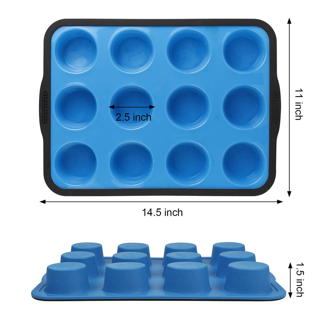 Aichoof Non-Stick Silicone Muffin Pan With Reinforced Stainless Steel Frame Inside,12 Cup Regular Muffin Baking Mold, 12 Cup Muffin Tin, BPA Free,Dishwasher Safe, Blue