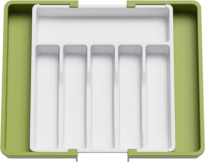 Lifewit Silverware Drawer Organizer, Expandable Utensil Tray for Kitchen, BPA Free Flatware and Cutlery Holder, Adjustable Plastic Storage for Spoons Forks Knives, Large, Green&White