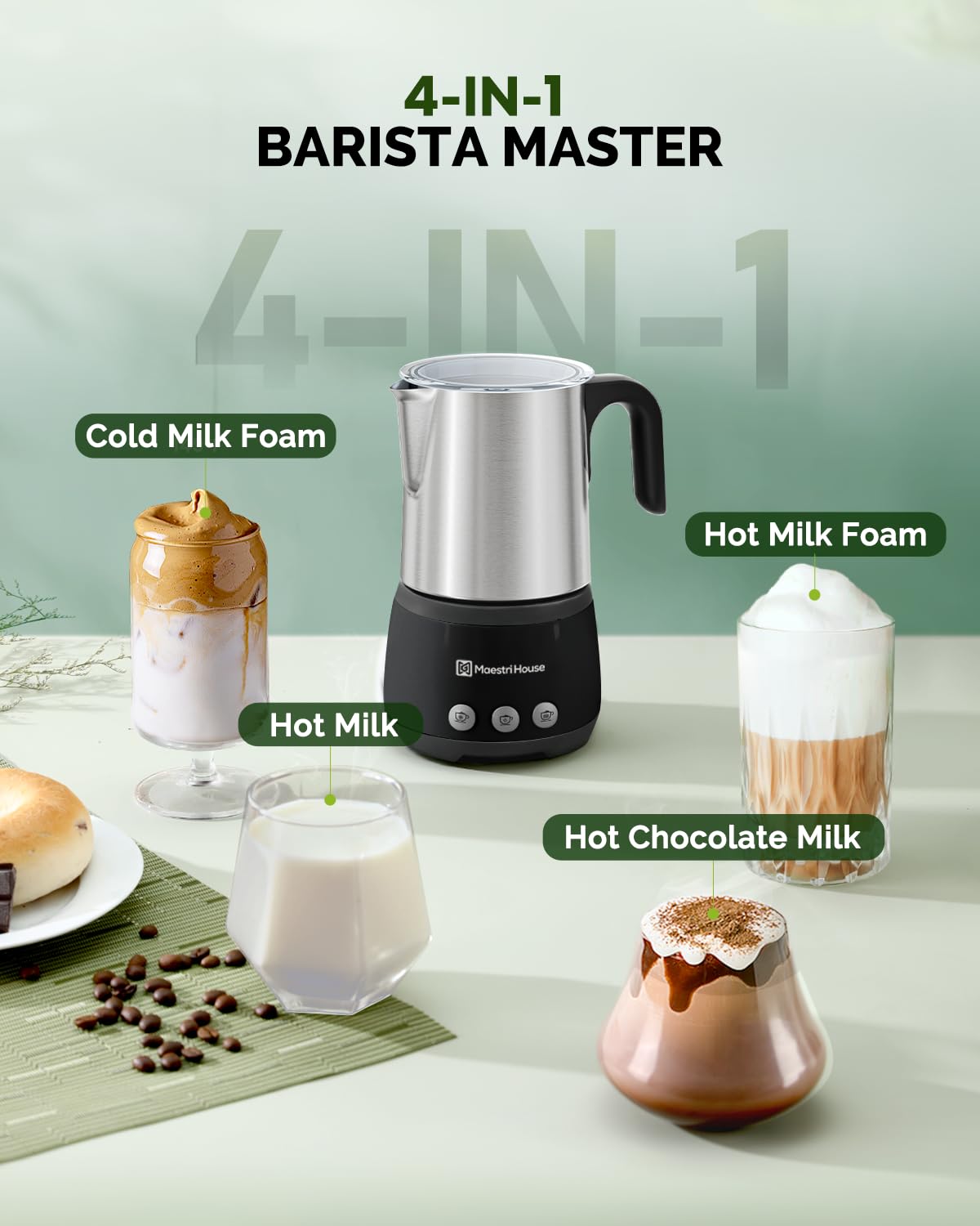 Maestri House Milk Frother, 4-in-1 ClassicFro 500 Electric Milk Steamer and Frother, 16.9OZ 600W Smart Touch Control Hot and Cold Foam Maker, Memory Function for Latte, Cappuccinos, Chocolate Milk