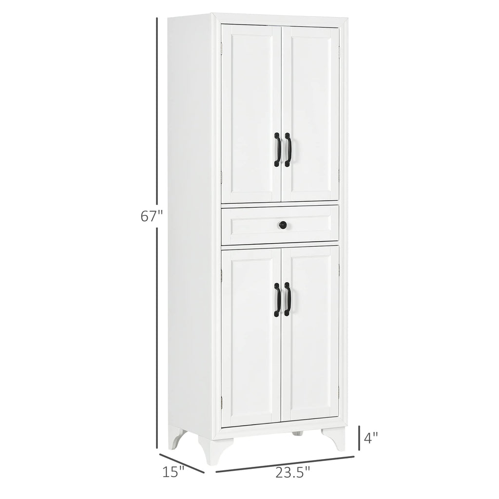 HOMCOM 67" Tall Freestanding Kitchen Pantry Cabinet 4-Door Drawer White