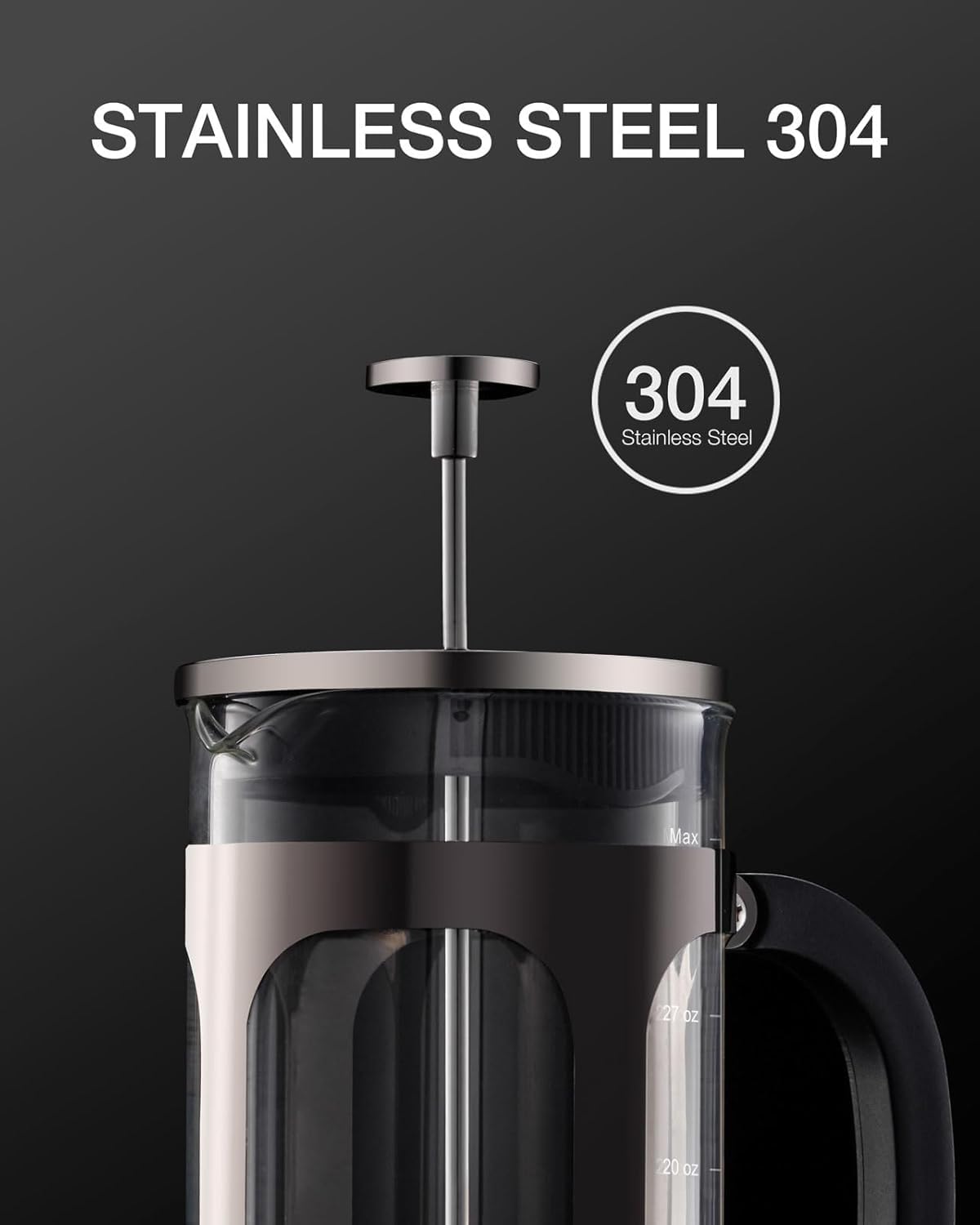 BAYKA French Press Coffee Maker, Easy to use,Large 304 Stainless Steel Coffee Press, Cold Brew Heat Resistant Thickened Borosilicate Coffee Pot for Camping Travel Gifts, 34 Ounce, Dark Pewter