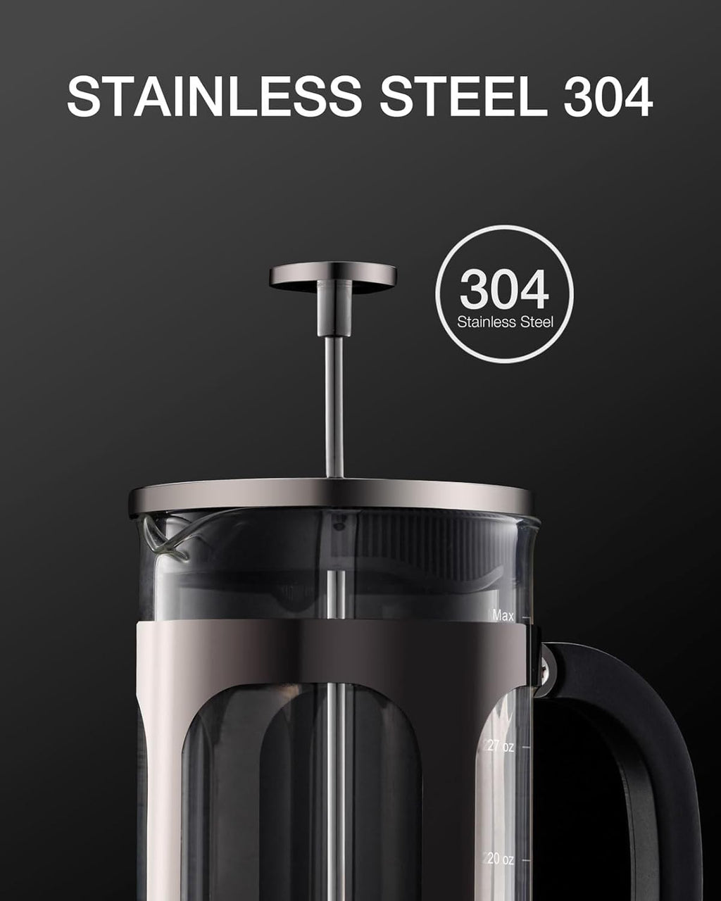 BAYKA French Press Coffee Maker, Easy to use,Large 304 Stainless Steel Coffee Press, Cold Brew Heat Resistant Thickened Borosilicate Coffee Pot for Camping Travel Gifts, 34 Ounce, Dark Pewter