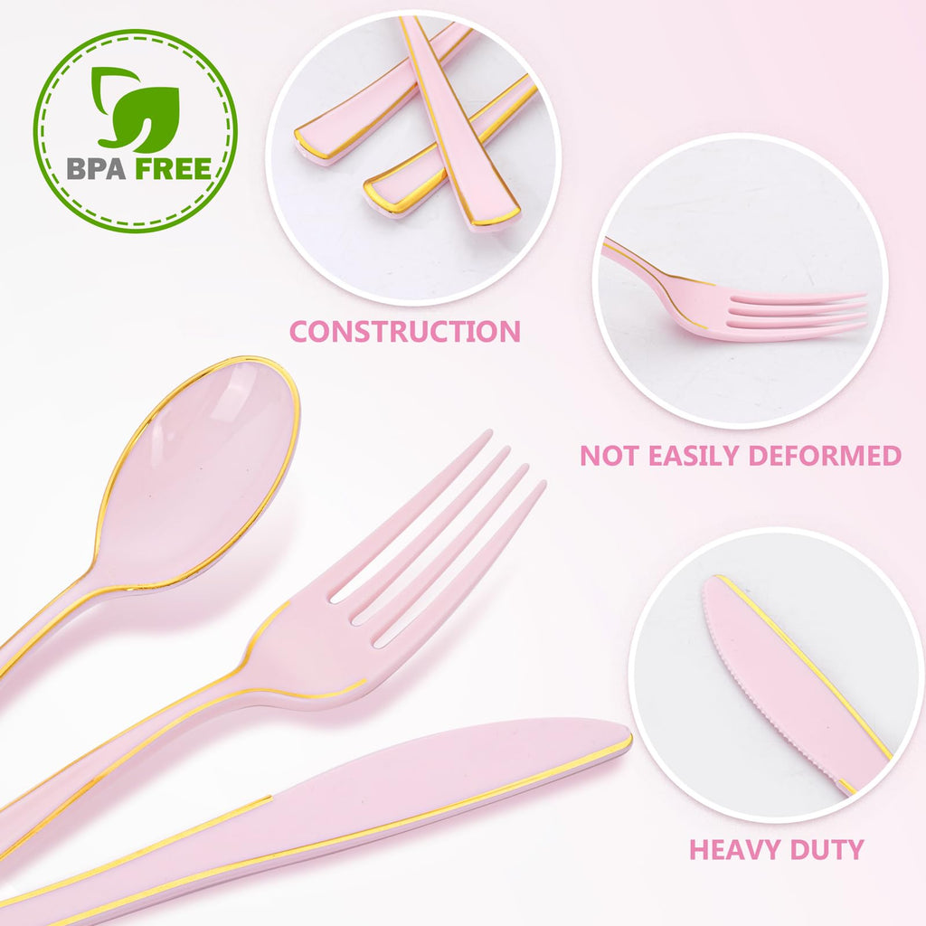 WDF 180 Pieces Pink Plastic Silverware with Gold -Pink Plastic Utensils Set - 60 Guest Cutlery Disposable for Birthday Party Baby Shower Wedding Spring