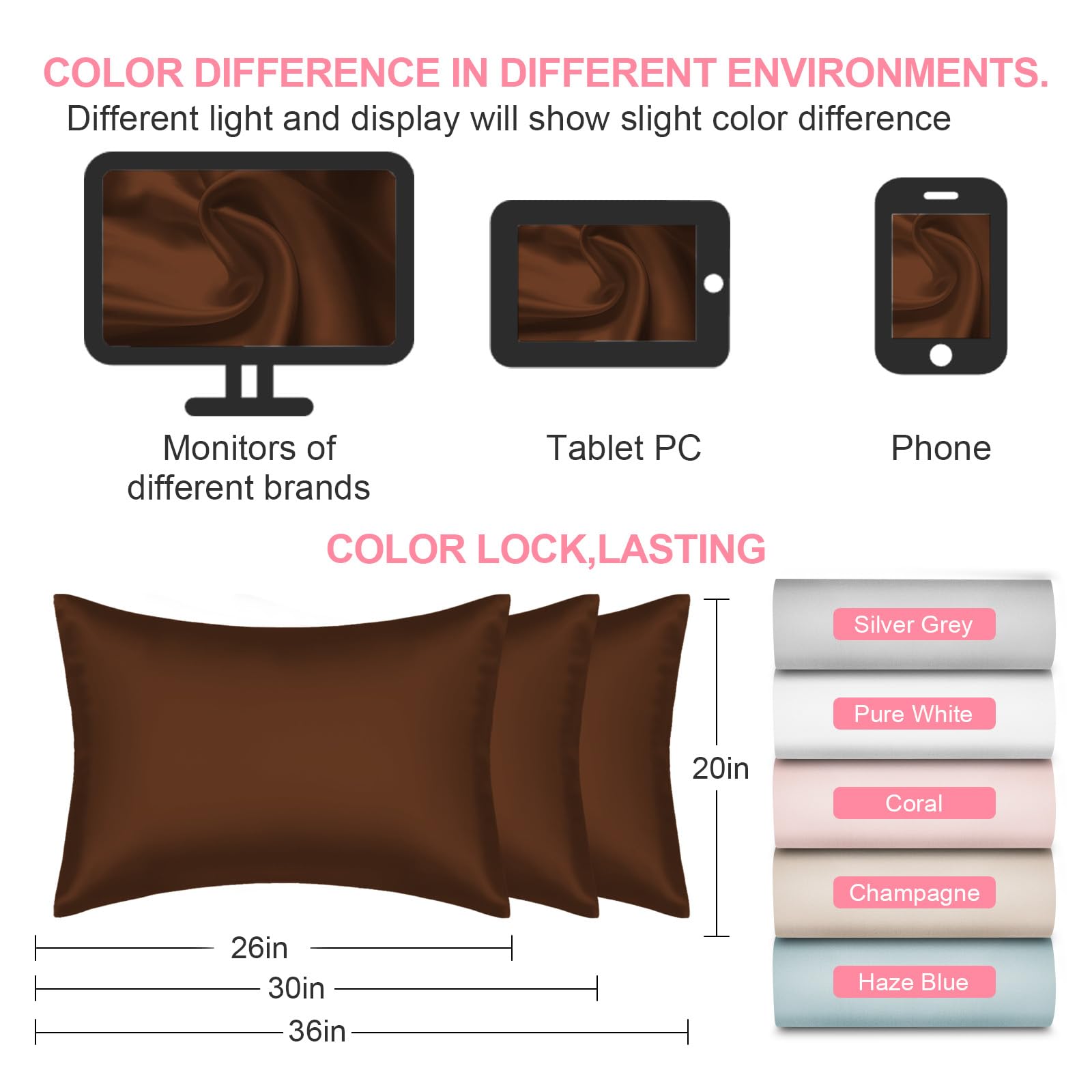 LYSHIN Silk Pillow Cases 2 Pack King Size with Zipper, Brown