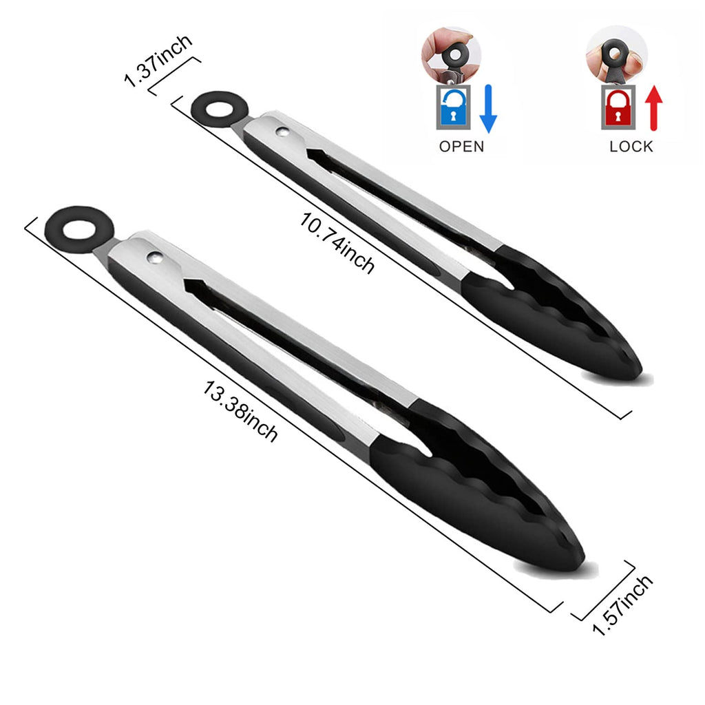 2-Pack of 9" (Small) & 12" (Large) Kitchen Tongs Set: Non-Stick Silicone-Stainless Steel Cooking Tongs, BPA Free, Heat Resistant (480°F) - Non-Slip Grip & Locking Metal Food Tongs (Black)