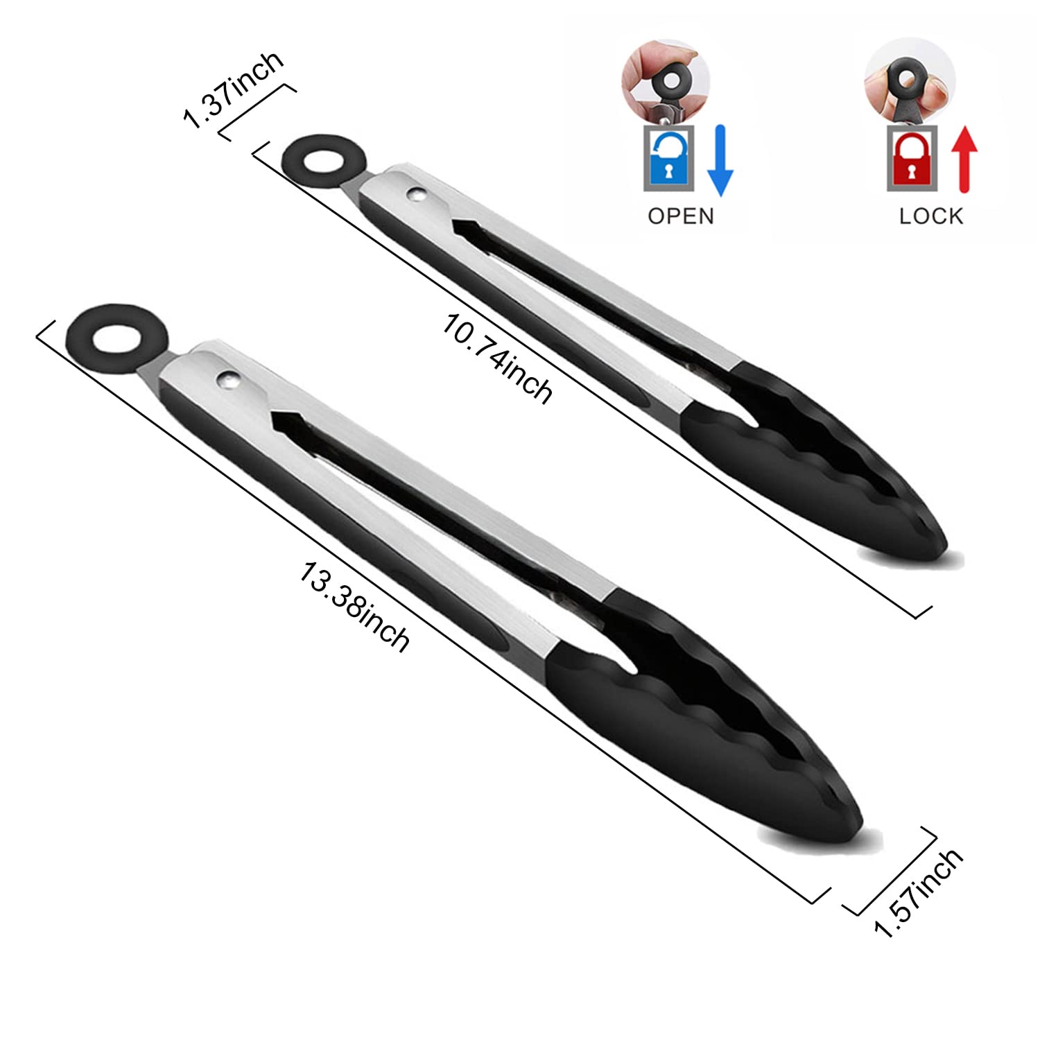 2-Pack of 9" (Small) & 12" (Large) Kitchen Tongs Set: Non-Stick Silicone-Stainless Steel Cooking Tongs, BPA Free, Heat Resistant (480°F) - Non-Slip Grip & Locking Metal Food Tongs (Black)