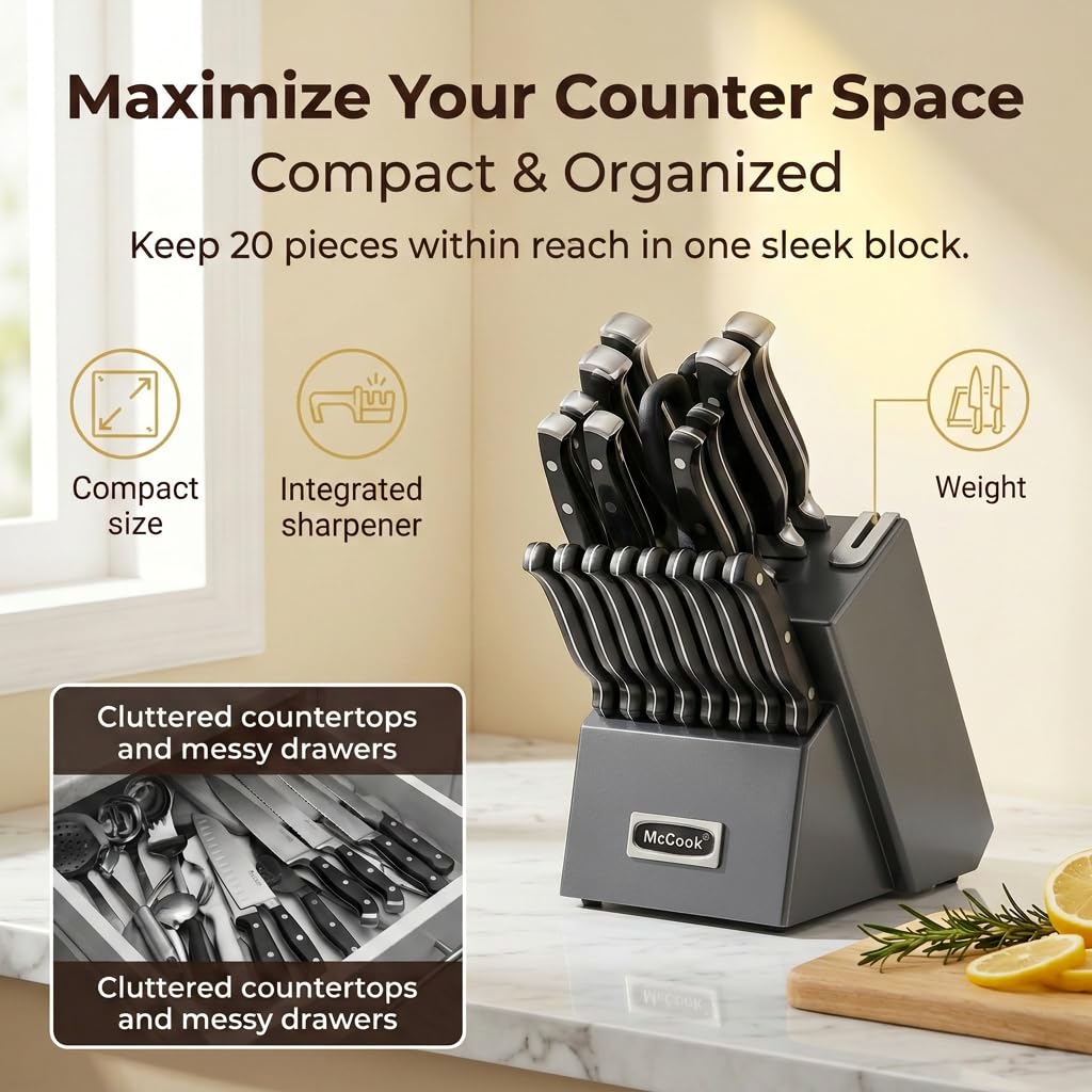 McCook Knife Set Sharp Kitchen Knife Block Set w Built-in Sharpener