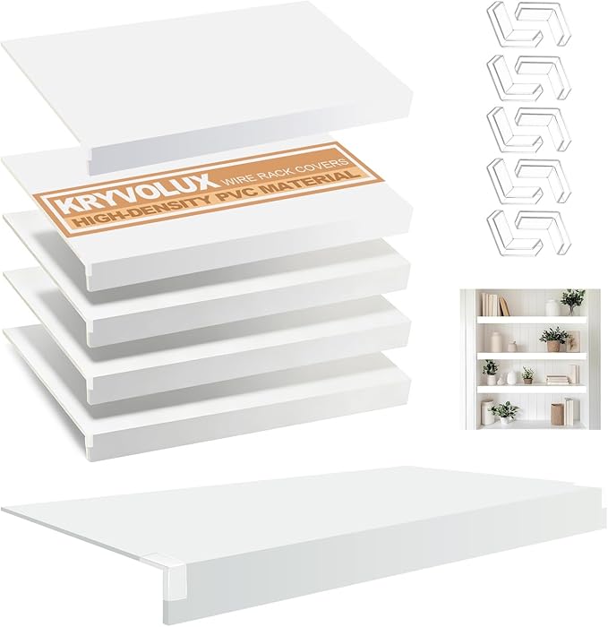 5 Pcs Wire Rack Covers 24x16x3 inch PVC Pantry Shelf Cover 0.31 inch Thick Removable Closet Wire Rack Shelf Covers,Decoration Kitchen Bathroom Office Shelving (Light luxury white, 24x16x3 inch)
