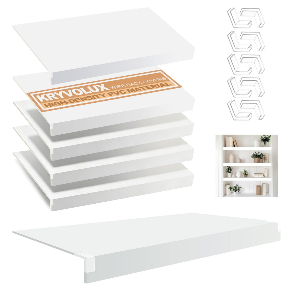 5 Pcs Wire Rack Covers 16x9x3 inch PVC Pantry Shelf Cover 0.31 inch Thick Removable Closet Wire Rack Shelf Covers,Decoration Kitchen Bathroom Office Shelving (Light Luxury White,16x9x3 inch)