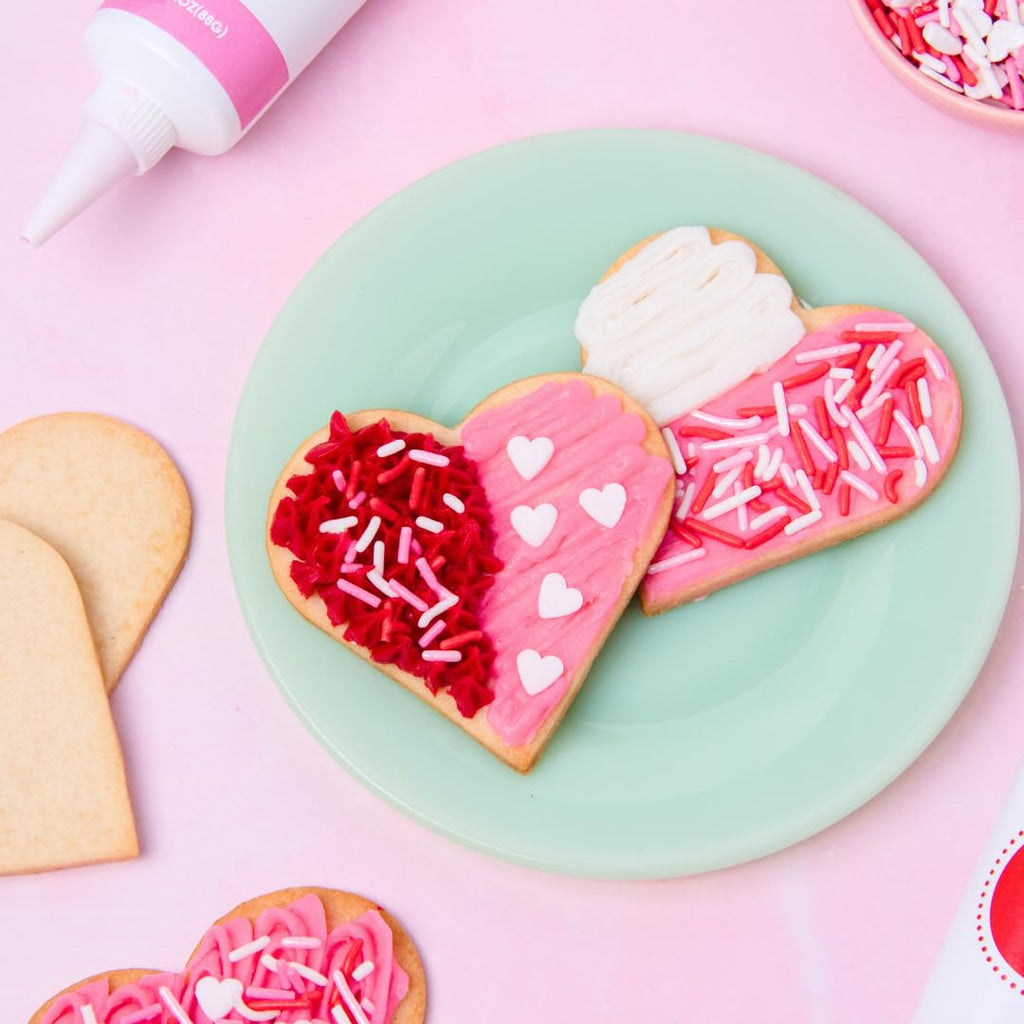Sweets Indeed Valentines Day Frosting Decorating Set | Red White & Pink Frosting Tubes, Decorating Nozzles & Heart Jimmies Sprinkles | Baking Kit | 11.31 ounces