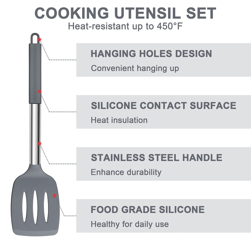 E-far Silicone Cooking Utensils Set, 7 Pcs Heat Resistant Kitchen Utensils with Stainless Steel Handle, Slotted Turner, Spoon, Soup Ladle, Pasta Server, Skimmer, Tongs for Nonstick Cookware, Gray