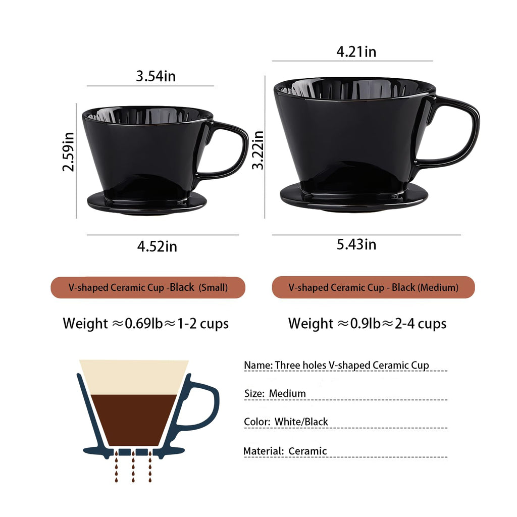Marirao Pour Over Coffee Maker, Single Cup Coffee Dripper, Manual Porcelain Slow Brewing Accessories for Travel, Camping, Office, Home, Cafe, Coffee Gifts (Black, Medium)