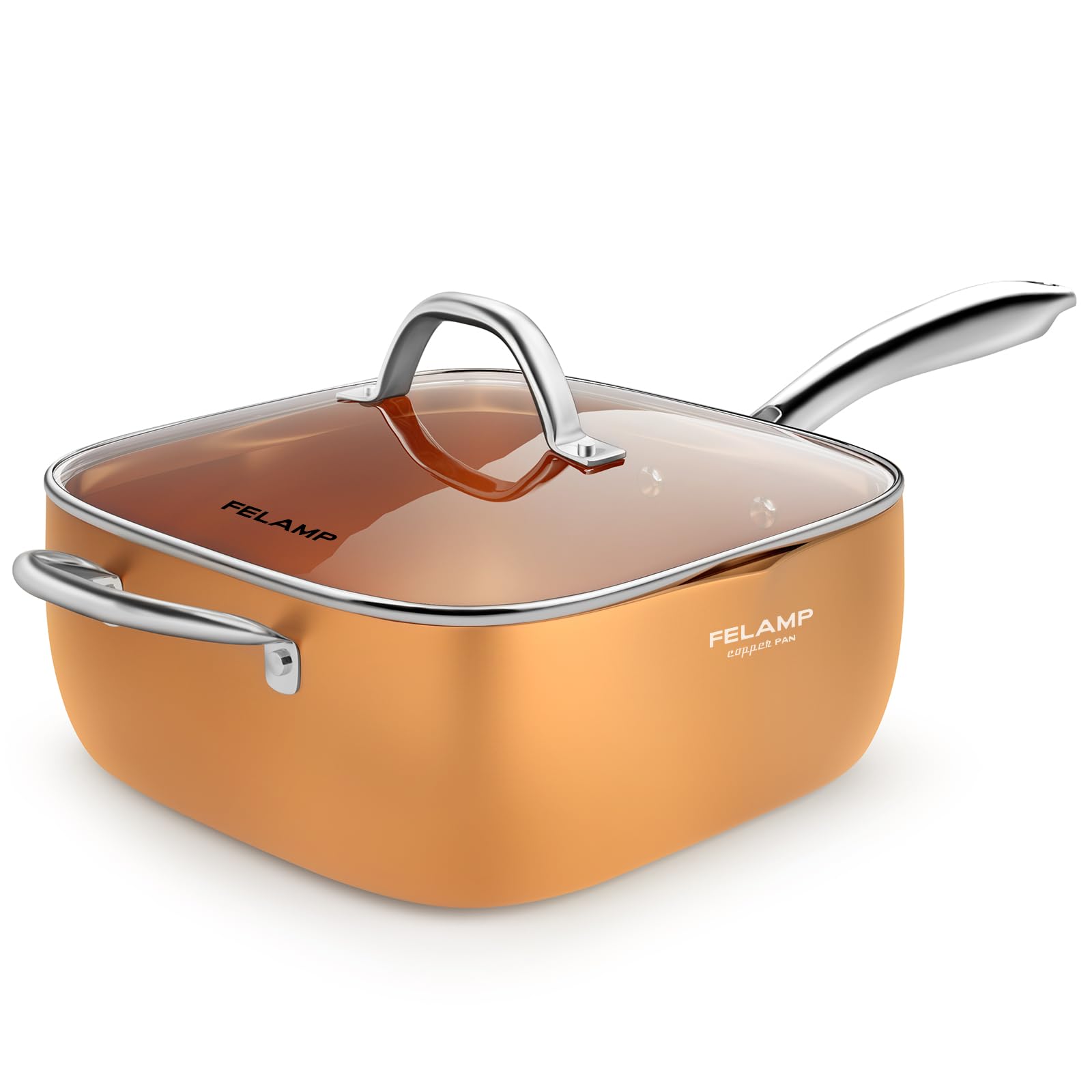 FELAMP 9.5-Inch Ceramic Nonstick Deep Square Frying Pan Set with Glass Lid, Stainless Steel Fry Basket & Steamer Rack, Induction Compatible, Oven &Dishwasher Safe, 4-Piece Copper Pan Chef Cookware Set