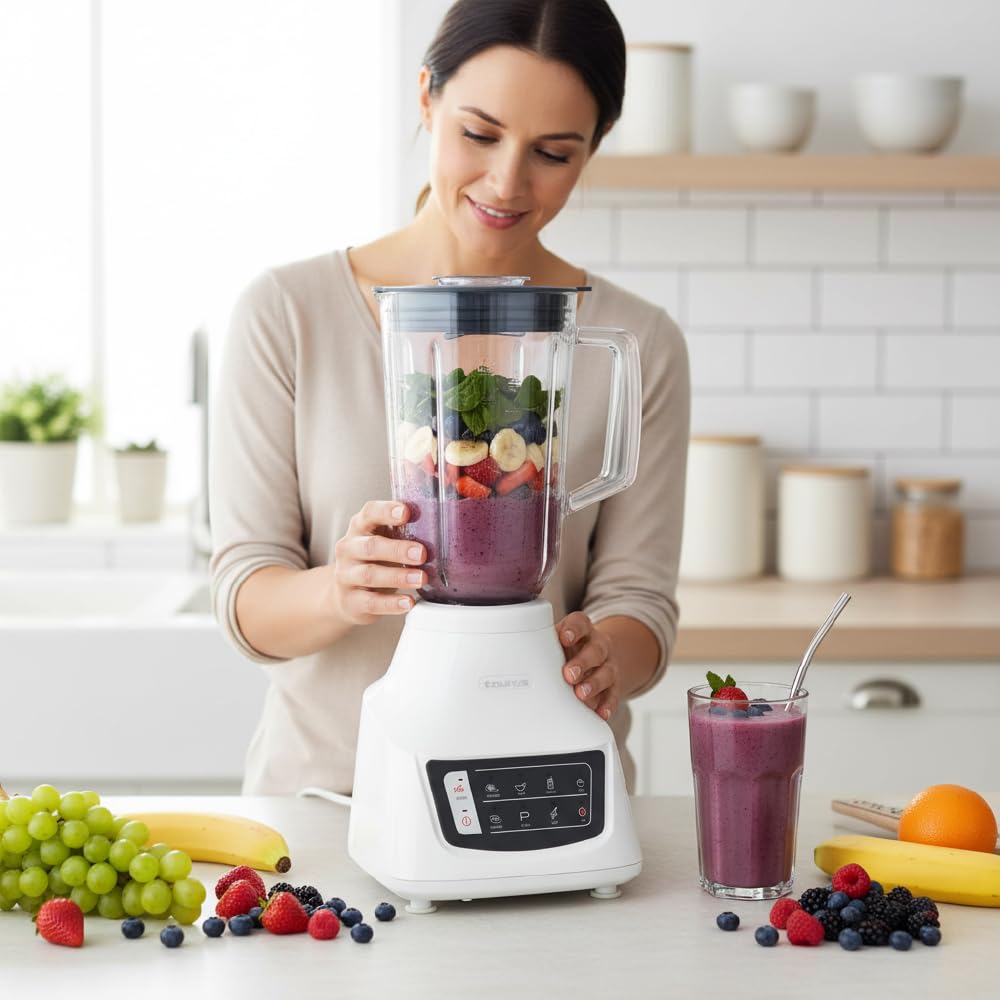 Taurus Potenza Comfort Blender, 1050W, 1.5L Glass Jar, Up to 50% Less Noise, Stainless Steel Blades, 9 Speed Settings, Quiet Powerful Blender for Smoothies, Ice, and Frozen Drinks