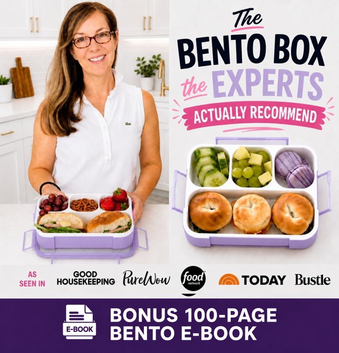 kinsho Bento Lunch Box, Ice Pack Insulated Bag & Utensils for Kids, Purple