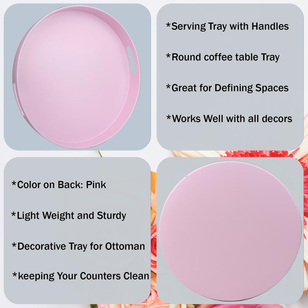 SforGUVA Round Pink Decorative Serving Tray with Handles, 13” Versatile Ottoman Tray for Coffee Table, Entertaining, Outdoor Patio, Living Room