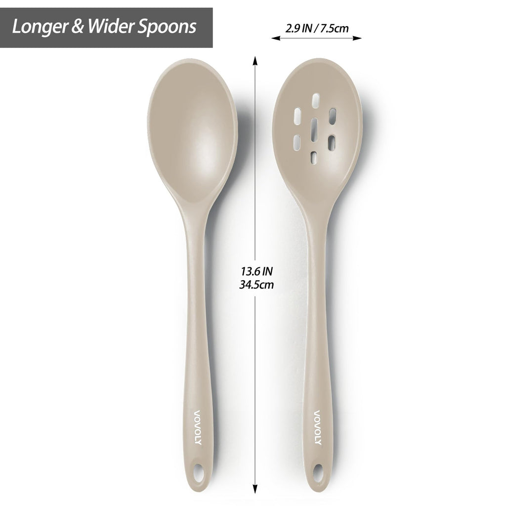 Silicone Slotted Spoons for Cooking - Extra Large Kitchen Spoons for Mixing, Serving, & Stirring - 600°F Heat-Resistant Non Stick Utensils Skimmer- Dishwasher Safe, Khaki