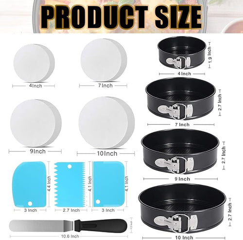 214PCS Round Cake Pan Sets for Baking Cake Decorating Supplies: 4 Non-Stick Springform Pans Set (4, 7,9,10 inches), Icing Tips, Cake Leveler – Leak-Proof Cheesecake Pan