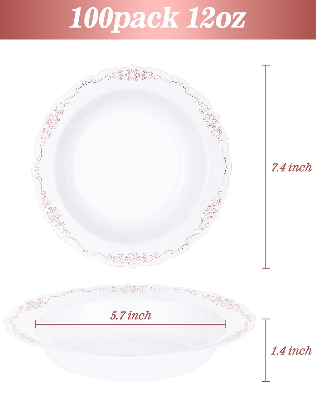 Bestluck 100 Pack White Plastic Bowls with Rose Gold Rim
