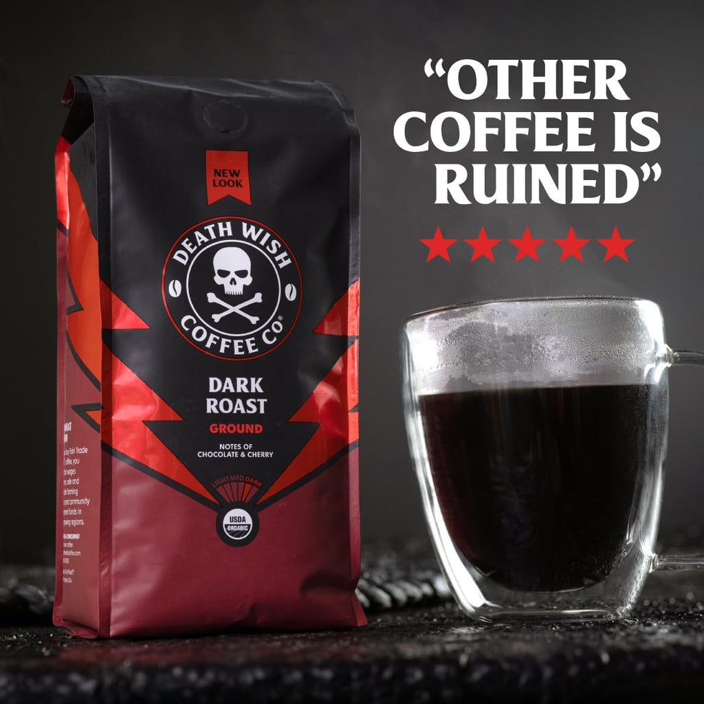 Death Wish Coffee Organic Dark Roast Ground Coffee, 16 oz (2 Pack)