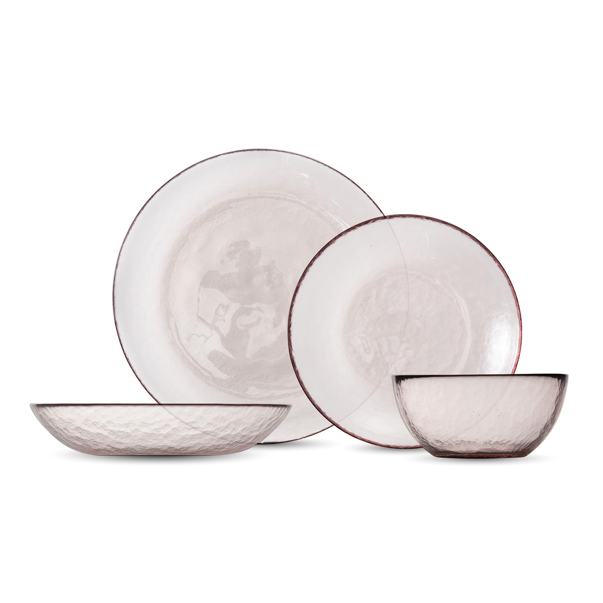 FORTESSA Los Cabos Tableware, 16-Piece Glass Dinnerware Set with 4 Dinner Plates, 4 Salad Plates, 4 Coupe Bowls and 4 Cereal Bowls, Dishwasher-Safe Glass Plate Set, Pink