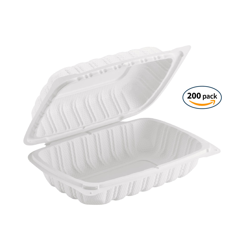 TIYA Clamshell Food Containers - White Bulk 200 Pack, 9x6 in - BPA-Free Mineral-Filled To-Go Containers - Reusable, Microwavable, Hinged, Tall Takeout Clamshells - Great for Meal Prep