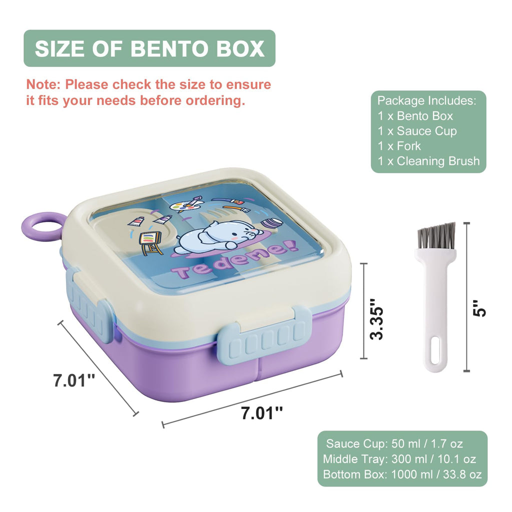 SAYAPE Bento Box for Kids Adults – Cute Cartoon 2-Layer Lunch Box with Fork, Sauce Cup & Brush, BPA-Free, 3-Compartment Square Snack Container with Handle for School, Office, or Travel (Purple)